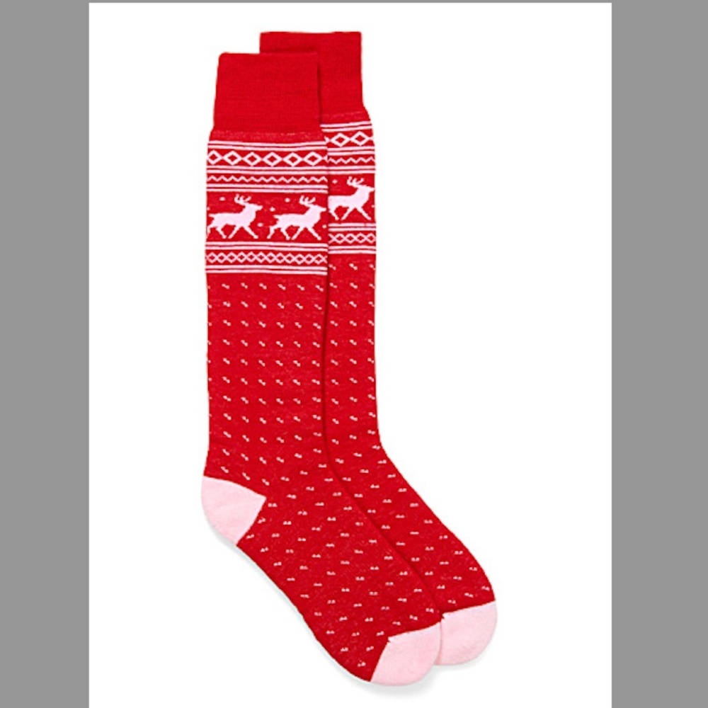 Red and white Fair isle deer merino wool blend thermal socks made in Italy NWT